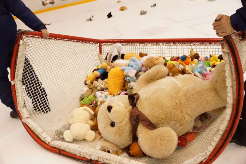 На хоккейном матче в Мытищах лед забросали мягкими игрушками