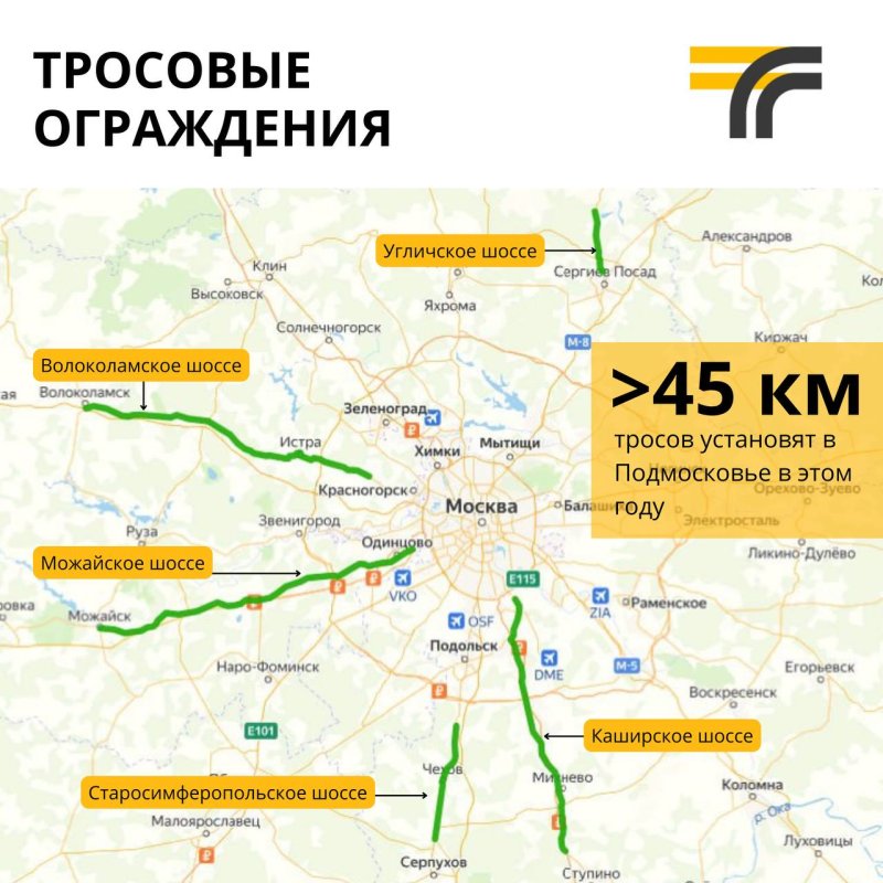 В Подмосковье приступили к установке 45 км тросовых ограждений на региональных дорогах