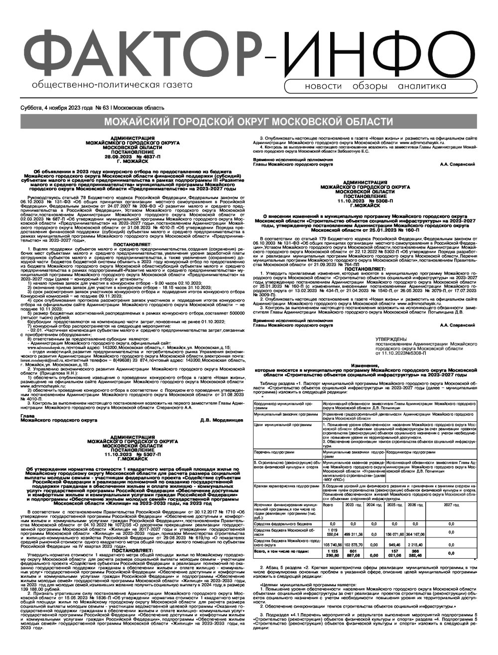 Газета "Фактор-Инфо" № 63 от 04.11.2023 г. (Можайск)