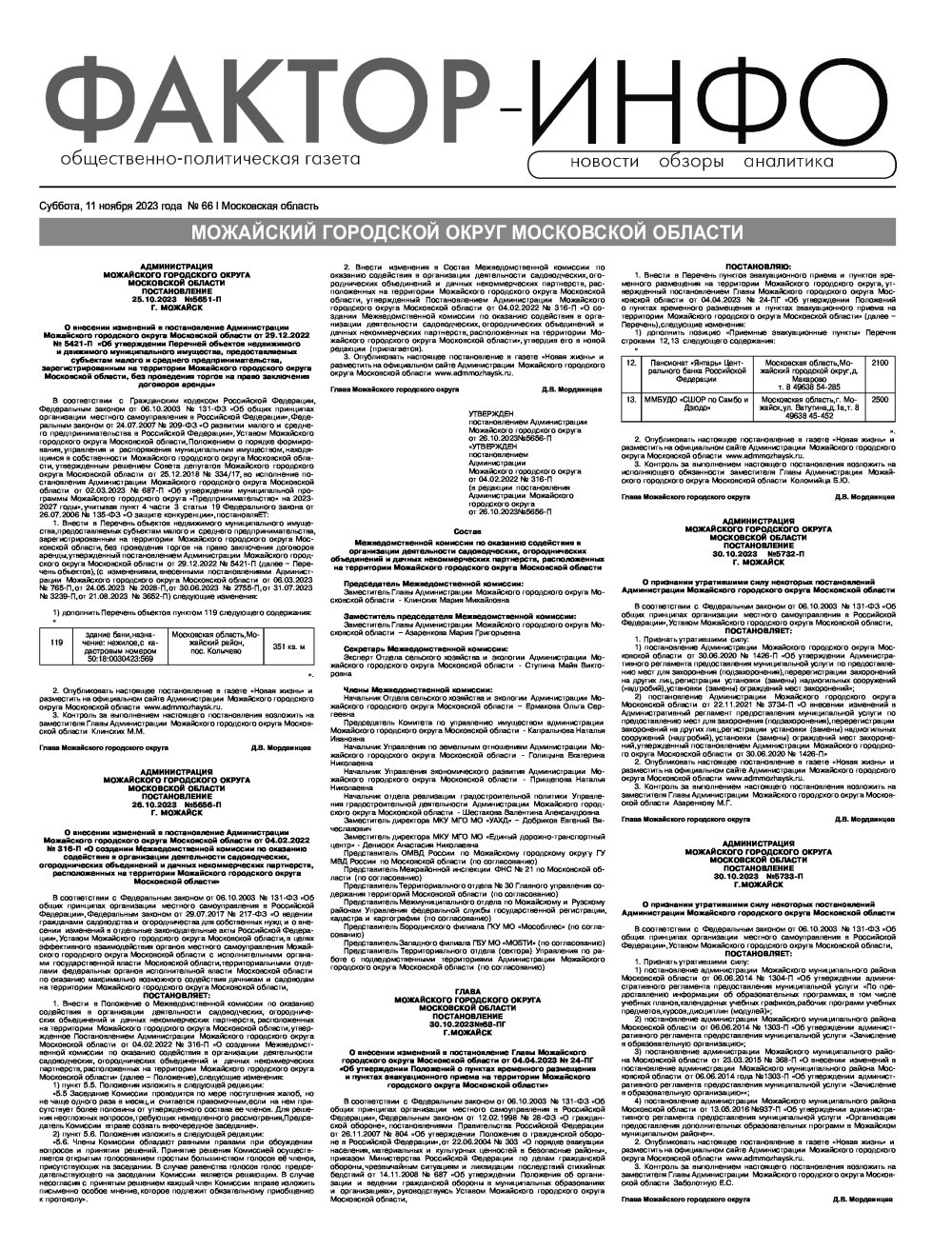 Газета "Фактор-Инфо" № 66 от 11.11.2023 г. (Можайск)