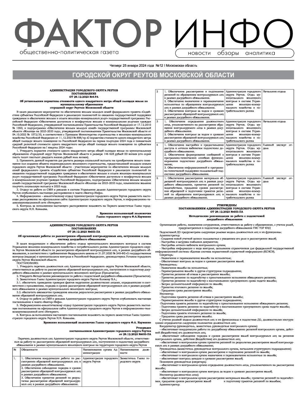 Газета "Фактор-Инфо" № 12 от 25.01.2024 г. (Реутов)