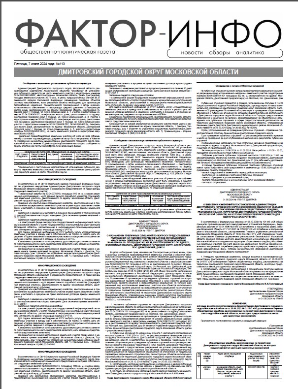 Фактор-Инфо №113 от 07.06.2024 (Воскресенский г.о., Дмитровский г.о., Рузский г.о., Чеховский г.о.)