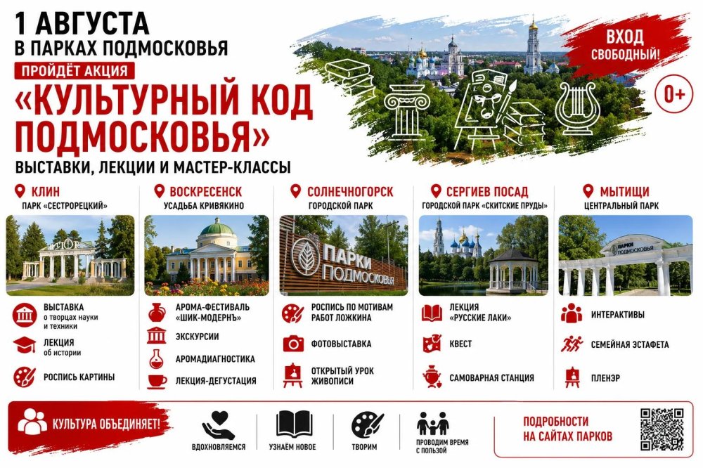 1 августа в парках Подмосковья пройдёт акция «Культурный код Подмосковья»: выставки, лекции и мастер-классы
