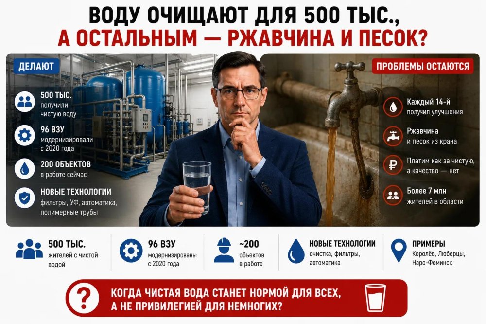 Воду в Подмосковье очистили для полумиллиона, а когда из крана пойдёт не ржавчина, а живительная влага для всех?