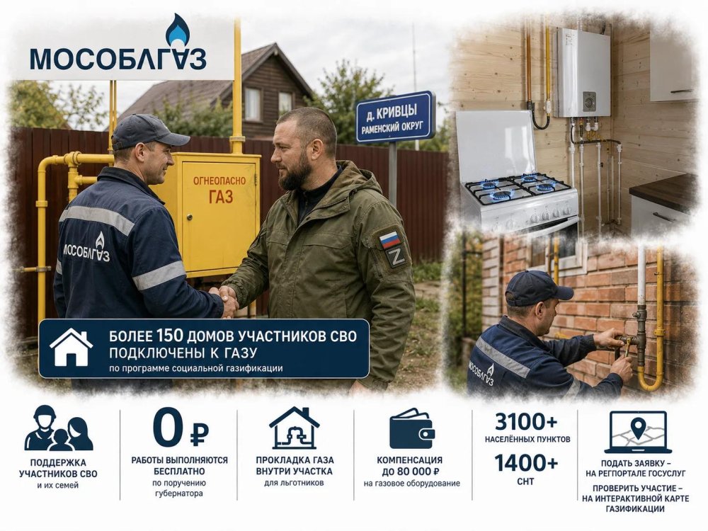 Мособлгаз подключил к газу более 150 домов участников СВО по социальной газификации