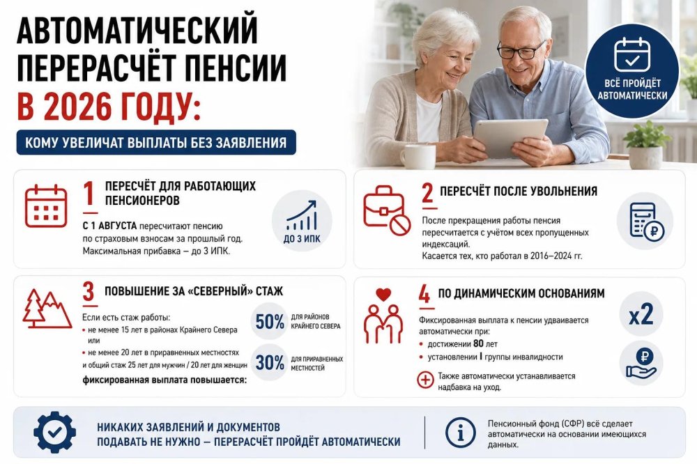 Автоматический перерасчёт пенсии в 2026 году: кому увеличат выплаты без заявления